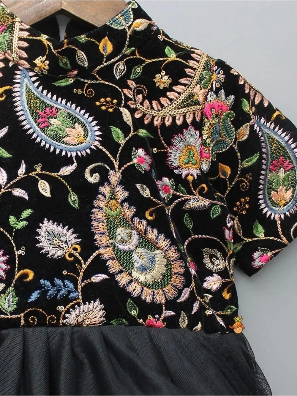 Girls Black Paisley Embroidered Tulle Party Dress